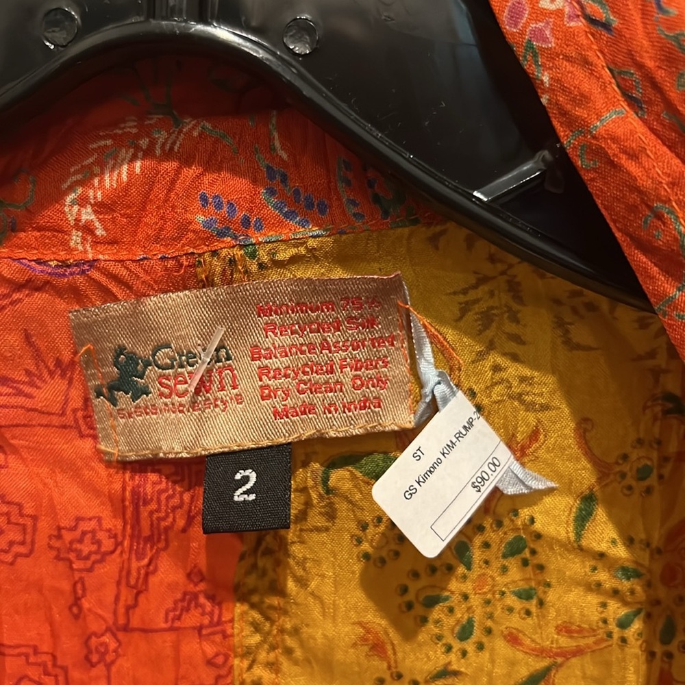 Green Sewn kimono, orange/gold/green, beautiful crepe size “2” 75% recycled silk - Picture 3 of 7